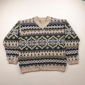 Abercrombie & Fitch Wool Fair Isle V-Neck Sweater Adult Large Beige Heavy Knit L